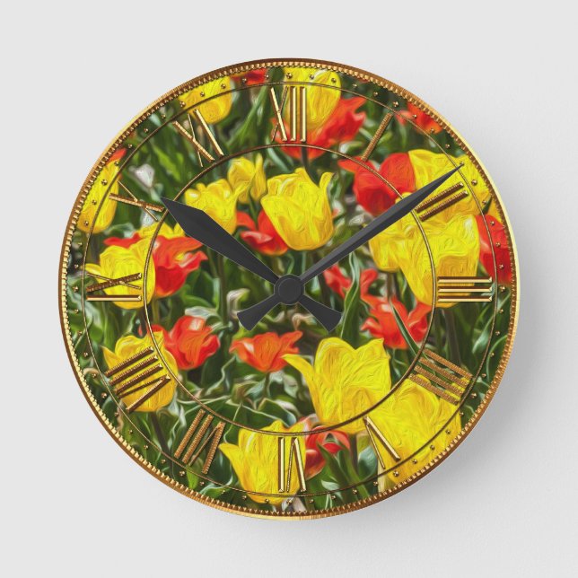 Red & Yellow Tulips Round Clock (Front)