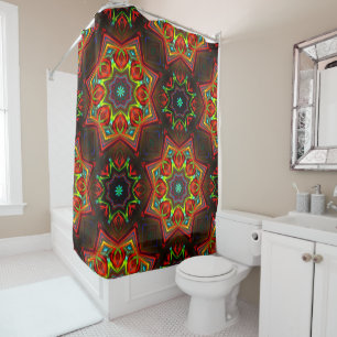 Red yellow twisted eight-pointed star kaleidoscope shower curtain