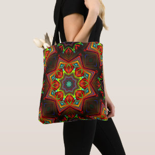 Red yellow twisted eight-pointed star kaleidoscope tote bag