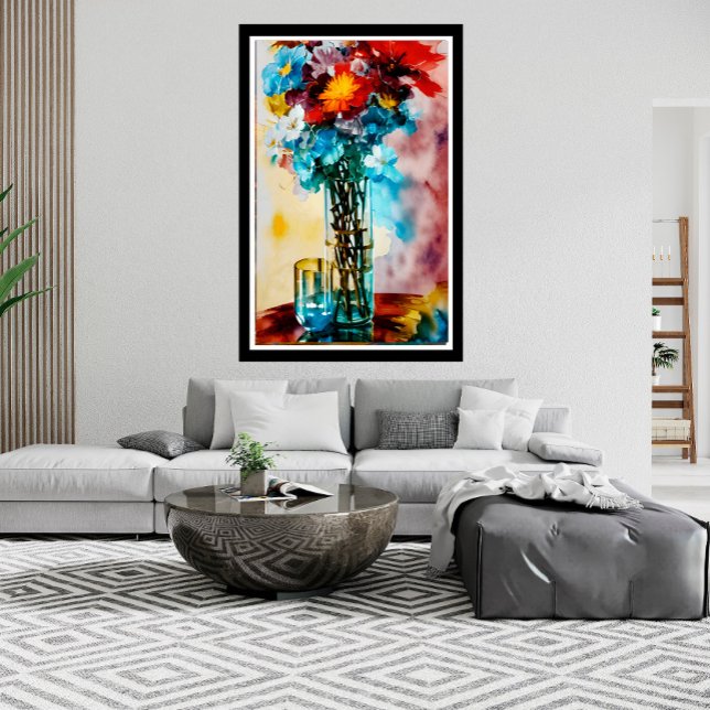 Red yellow white blue flowers on vase abstract poster (Creator Uploaded)