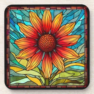 Red & Yellow Wildflower in Stained Glass Coaster