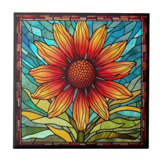 Red & Yellow Wildflower in Stained Glass Tile