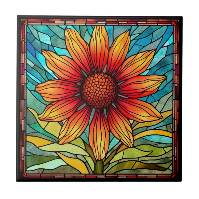 Red & Yellow Wildflower in Stained Glass Tile (Front)