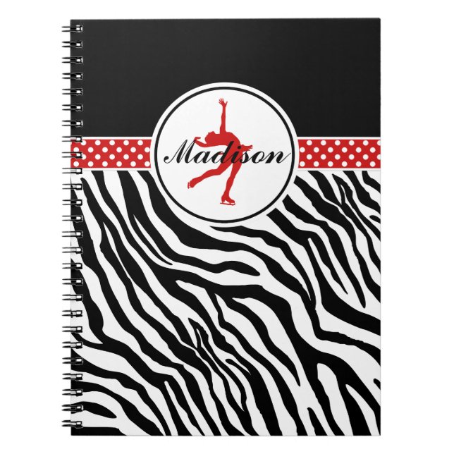Red Your Name Zebra Print Figure Skating Spiral Notebook (Front)