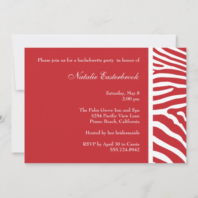 Red Zebra Bachelorette Party Invitation (Front)