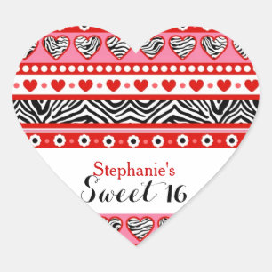 Red zebra heart Sweet 16 Party sticker