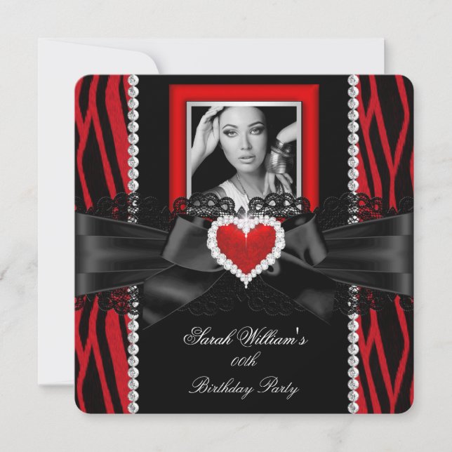 Red Zebra Lace Diamond Heart Photo Birthday Party Invitation (Front)