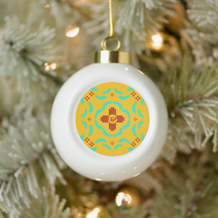 Red Zia Symbols New Mexico Turquoise Feathers Ceramic Ball Christmas Ornament