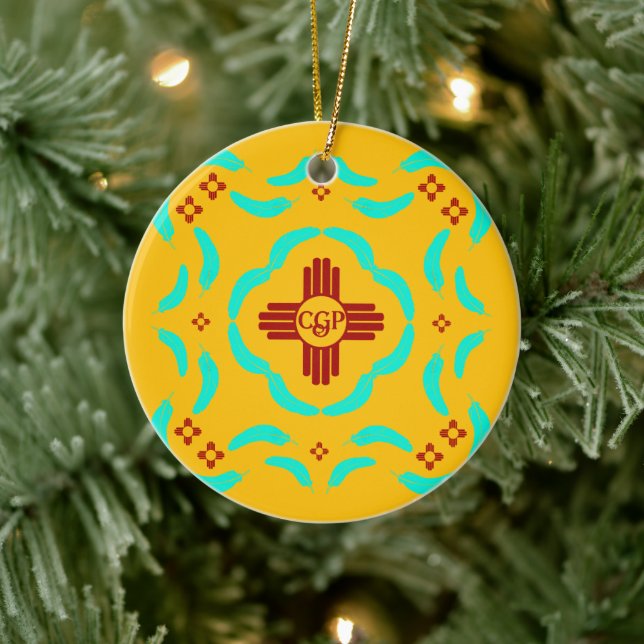 Red Zia Symbols New Mexico Turquoise Feathers Ceramic Tree Decoration (Tree)