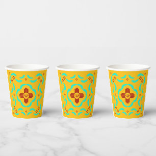 Red Zia Symbols New Mexico Turquoise Feathers Paper Cups