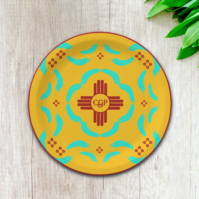 Red Zia Symbols New Mexico Turquoise Feathers Paper Plate (Creator Uploaded)