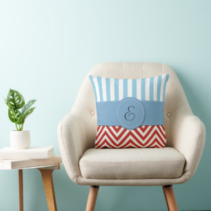 Red Zigzag, Chevron, Blue Stripes, Monogram Cushion