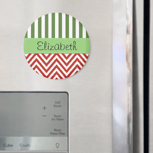 Red Zigzag, Chevron, Green Stripes, Your Name Magnet