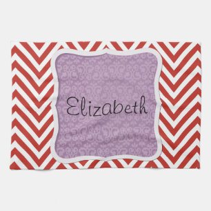 Red Zigzag, Red Chevron, Zigzag Pattern, Your Name Tea Towel