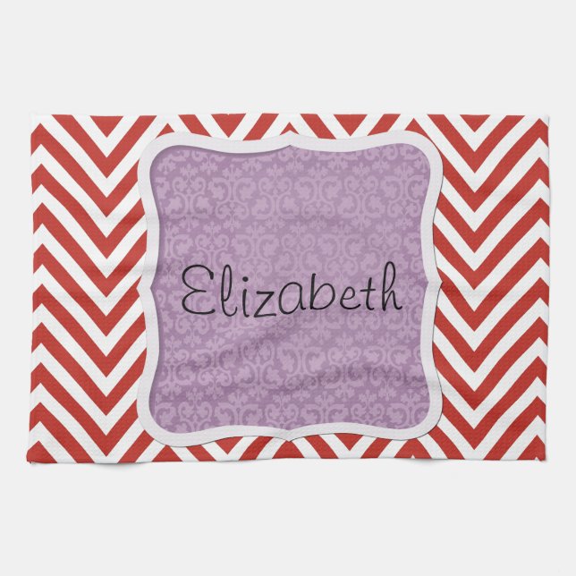 Red Zigzag, Red Chevron, Zigzag Pattern, Your Name Tea Towel (Horizontal)