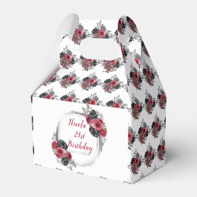 Redand Silver Elegant Flowers  Birthday Favour Box (Front Side)