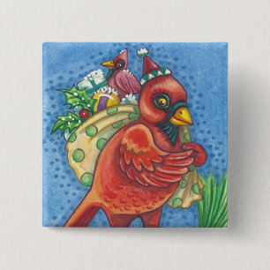 REDBIRD SANTA, CHRISTMAS CARDINAL BIRD BUTTON Squ