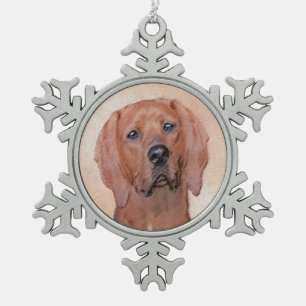 Redbone Coonhound Painting - Cute Original Dog Art Snowflake Pewter Christmas Ornament