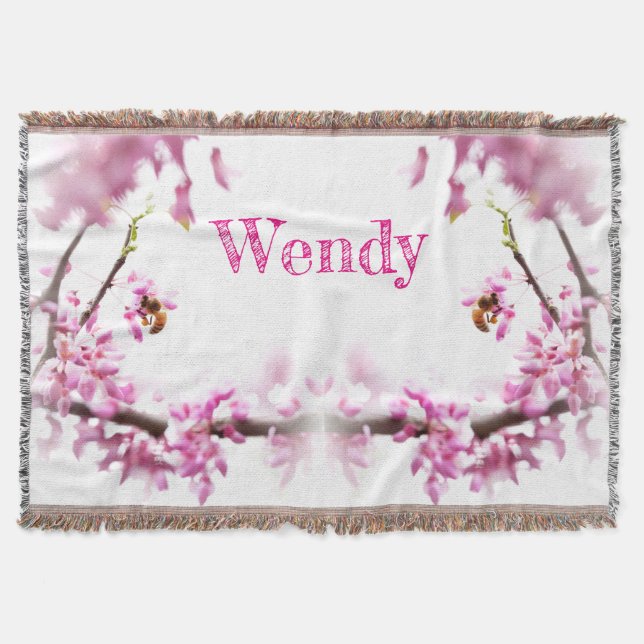 Redbud & honeybee in Springtime Throw Blanket (Front)