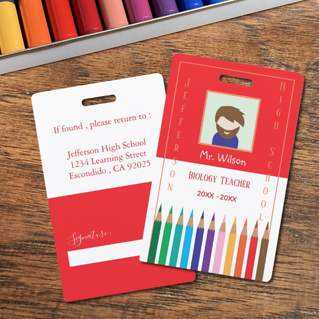Redd and White Custom Teacher Photo ID Badge (Red and white teacher vertical photo ID badge .)