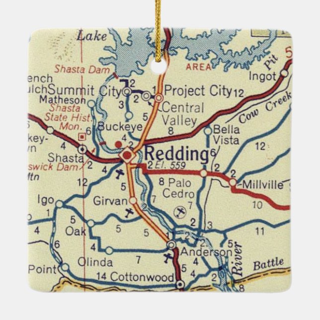 Redding California Vintage Map Ceramic Ornament (Back)