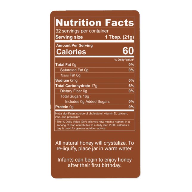 Reddish Brown Honey Nutrition Facts Product (Front)