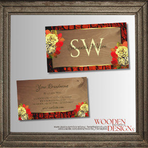 Reddish Brown Tree Bark Wood Grain Initials Floral Business Card