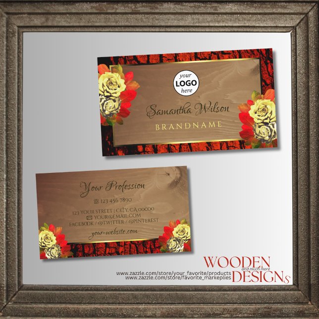 Reddish Brown Tree Bark Wood Grain Logo Floral  Business Card (Creator Uploaded)