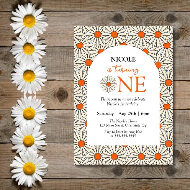 Reddish Orange Daisies Floral Arch 1st Birthday Invitation (Creator Uploaded)