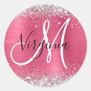 Reddish Pink Ombre Foil Silver Glitter Monogram Classic Round Sticker