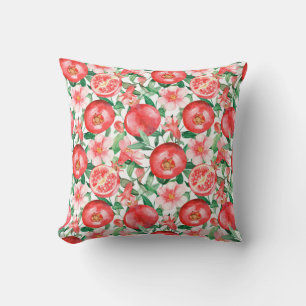 Reddish Pink Pomegranate Fruit and Small Flowers Cushion