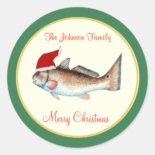 Redfish Santa Hat Christmas Green Classic Round Sticker