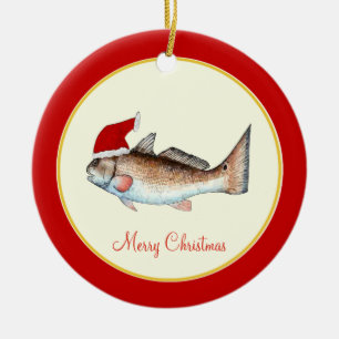Redfish Santa Hat Christmas Red Ceramic Tree Decoration