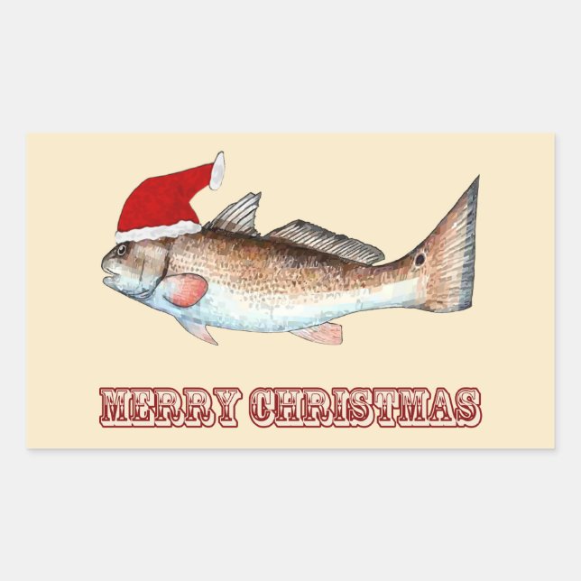 Redfish Santa Merry Christmas on Off White Rectangular Sticker (Front)