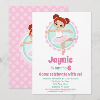 Redhead Ballerina Ballet Dancing Birthday Party Invitation