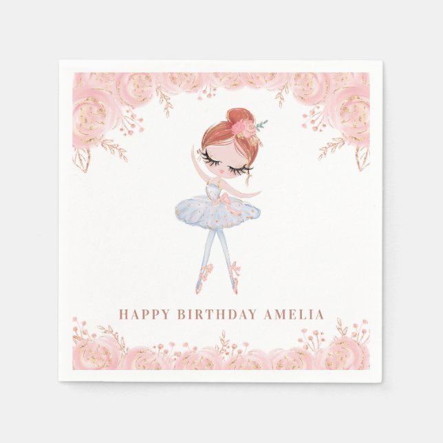 Redhead Ballerina in White Dress Floral Birthday Napkin (Front)