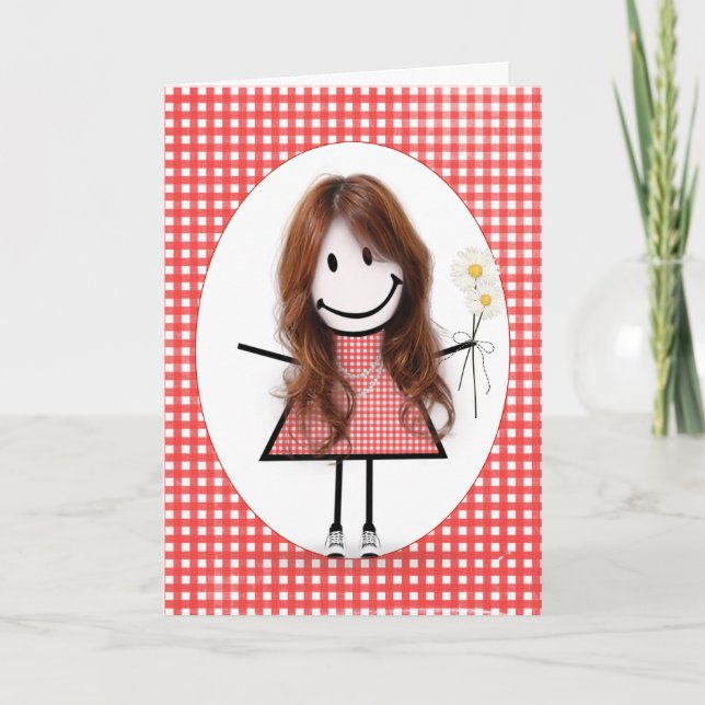Redhead Birthday Stick Figure Girl On Gingham  Card (Front)