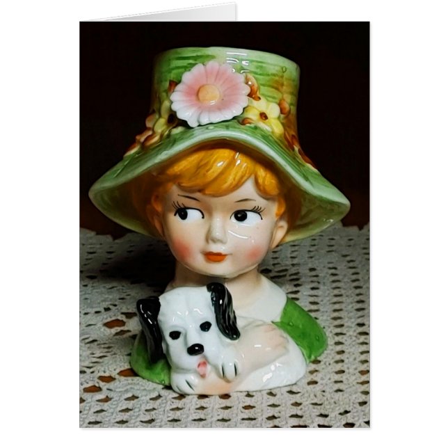 Redhead Child & Puppy Little Girl Lady Head Vase  (Front)