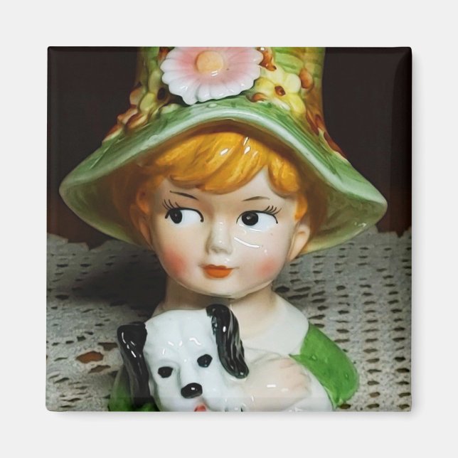 Redhead Child & Puppy Little Girl Lady Head Vase Magnet (Front)