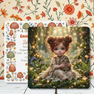 Redhead Fairy and Owl Girl's Cottagecore Birthday  Invitation
