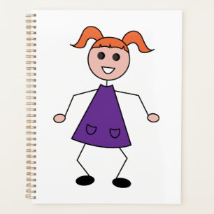 Redhead Girl Stick Figure in Purple Dress Planner