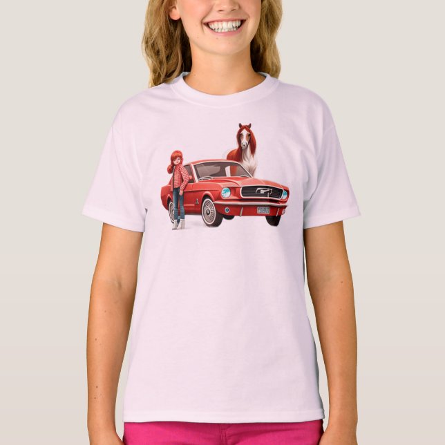 Redhead Girl With Mustang Car Horse T-Shirt (Front)