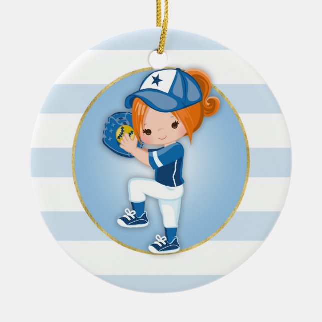 Redhead Girls Blue Softball Ceramic Tree Decoration (Front)