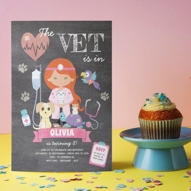 Redhead Green Eyes Chalkboard Vet Birthday Party Invitation (This girl’s vet birthday invitation is just the right medicine to your celebration!)