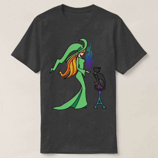 Redhead Green Witch Making Magic T-Shirt (Design Front)
