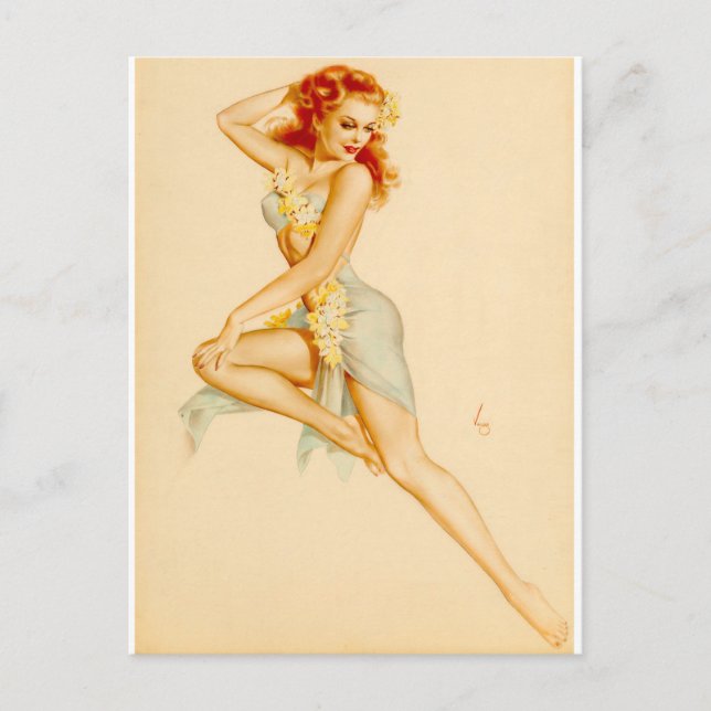 Redhead Hawaiian Costume Pin Up Postcard (Front)