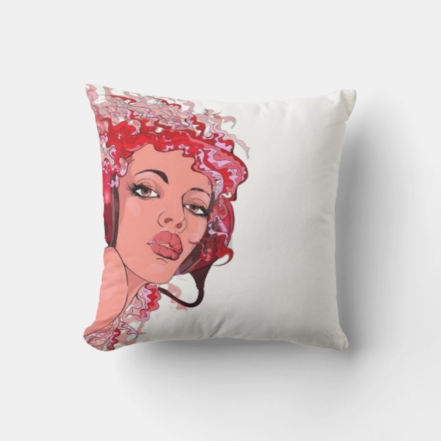 Redhead in Headphones Pillow (Front)