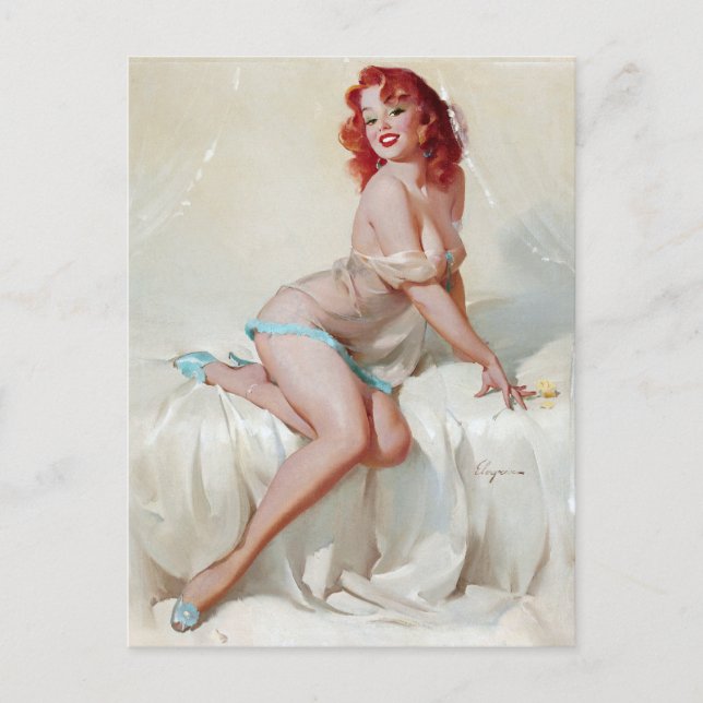 Redhead in Slippers Pin Up Postcard (Front)