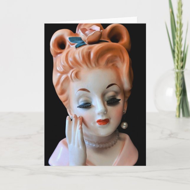 Redhead Lady Head Vase Pink Rose in Hair Doll Card (Front)