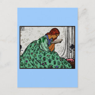 Redhead Lady In a Green Dress Reading Postcard